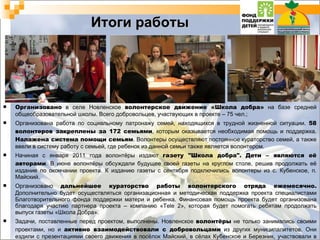 Организовано  в селе Новленское  волонтерское движение «Школа добра»  на базе средней общеобразовательной школы. Всего добровольцев, участвующих в проекте – 75 чел.; Организована работа по социальному патронажу семей, находящихся в трудной жизненной ситуации.  58 волонтеров закреплены за 172 семьями , которым оказывается необходимая помощь и поддержка.  Налажена система помощи семьям . Волонтеры осуществляют постоянное кураторство семей, а также ввели в систему работу с семьей, где ребенок из данной семьи также является волонтером. Начиная с января 2011 года волонтёры издают  газету "Школа добра".   Дети  –  являются её авторами . В июне волонтёры обсуждали будущее своей газеты на круглом столе, решив продолжать её издание по окончании проекта. К изданию газеты с сентября подключились волонтеры из с. Кубенское, п. Майский. Организовано  дальнейшее кураторство работы волонтерского отряда ежемесячно.  Дополнительно будет осуществляться организационная и методическая поддержка проекта специалистами Благотворительного фонда поддержки матери и ребенка. Финансовая помощь проекта будет организована благодаря участию партнера проекта – компанию « Tele  2», которая будет помогать ребятам продолжать выпуск газеты «Школа Добра». Задачи, поставленные перед проектом, выполнены. Новленское  волонтёры  не только занимались своими проектами, но и  активно взаимодействовали с добровольцами  из других муниципалитетов. Они ездили с презентациями своего движения в посёлок Майский, в сёлах Кубенское и Березник, участвовали в областной ярмарке волонтёров, в областных конкурсах. Итоги работы 