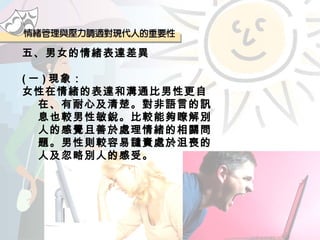 五、男女的情緒表達差異 ( 一 ) 現象： 女性在情緒的表達和溝通比男性更自在、有耐心及清楚。對非語言的訊息也較男性敏銳。比較能夠瞭解別人的感覺且善於處理情緒的相關問題。男性則較容易譴責處於沮喪的人及忽略別人的感受。 
