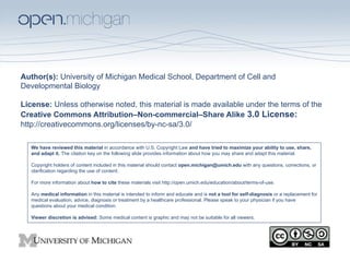 Author(s): University of Michigan Medical School, Department of Cell and
Developmental Biology

License: Unless otherwise noted, this material is made available under the terms of the
Creative Commons Attribution–Non-commercial–Share Alike 3.0 License:
http://creativecommons.org/licenses/by-nc-sa/3.0/

   We have reviewed this material in accordance with U.S. Copyright Law and have tried to maximize your ability to use, share,
   and adapt it. The citation key on the following slide provides information about how you may share and adapt this material.

   Copyright holders of content included in this material should contact open.michigan@umich.edu with any questions, corrections, or
   clarification regarding the use of content.

   For more information about how to cite these materials visit http://open.umich.edu/education/about/terms-of-use.

   Any medical information in this material is intended to inform and educate and is not a tool for self-diagnosis or a replacement for
   medical evaluation, advice, diagnosis or treatment by a healthcare professional. Please speak to your physician if you have
   questions about your medical condition.

   Viewer discretion is advised: Some medical content is graphic and may not be suitable for all viewers.
 