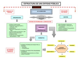 ESTRUCTURA DE UNA ENTIDAD PÚBLICA
                                                       SUPERVISIÓN


AMBIENTE DE                                                    ALTA DIRECCIÓN                           EVALUACIÓN
 CONTROL                                                                                                DEL RIESGO



                                                                                                             GESTIÓN
            ORGANIZACIÓN


                                              SISTEMA DE INFORMACIÓN Y COMUNICACIÓN

    • Políticas Institucionales.                                                                  • Plan Estratégico Institucional.
    • Reglamento de Organización y                                                                • Plan Operativo y verificación de
      Funciones - ROF.                                                                              cumplimiento.
                                                                  UNIDADES
    • Organigrama.                                                                                • Informe Financiero-Presupuestario.
    • Manual de Organización y Funciones                                                          • Informes periódicos.
      - MOF.                                                    JERARQUICAS                       • Informe de Gestión.
    • Cuadro Analítico de Personal - CAP
    • Manual de Procedimientos.
    • Código de Ética.
    • Texto Único de Procedimientos
      Administrativos - TUPA
                                                                  NORMATIVA


                                                                                                  CONTABILIDAD



                            • NORMAS INTERNAS DICTADAS POR LA                    PRESUPUESTO                                TESORERÍA
                              ENTIDAD:
                              - Directivas.
                                                                                                    SISTEMAS
                              - Procedimientos.                                                  ADMINISTRATIVOS
ACTIVIDADES
DE CONTROL                  • NORMAS DICTADAS POR ORGANISMOS
 GERENCIAL                    EXTERNOS:                                         ABASTECIMIENTO                              PERSONAL
                              Publicadas obligatoriamente en el Diario
                              Oficial “El Peruano”.

                                                                                                     INFORMATICA
 
