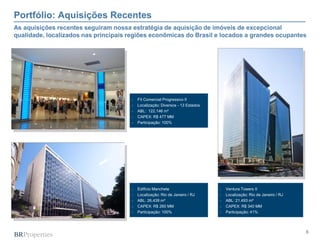 Portfólio: Aquisições Recentes
As aquisições recentes seguiram nossa estratégia de aquisição de imóveis de excepcional
qualidade, localizados nas principais regiões econômicas do Brasil e locados a grandes ocupantes




                                         FII Comercial Progressivo II
                                         Localização: Diversos - 13 Estados
                                         ABL: 122.146 m²
                                         CAPEX: R$ 477 MM
                                         Participação: 100%




                                         Edifício Manchete                       Ventura Towers II
                                         Localização: Rio de Janeiro / RJ        Localização: Rio de Janeiro / RJ
                                         ABL: 26.439 m²                          ABL: 21.493 m²
                                         CAPEX: R$ 260 MM                        CAPEX: R$ 340 MM
                                         Participação: 100%                      Participação: 41%




                                                                                                                      6
 