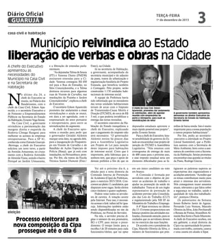 casa civil e habitação
eleição
Município reivindica ao Estado
liberação de verbas e obras na Cidade
Processo eleitoral para
nova composição da Cipa
prossegue até o dia 6
A chefe do Executivo
apresentou as
necessidades do
Município na Casa Civil
e na Secretaria de
Habitação
O chefe da Casa Civil, Edson
Aparecido, prometeu dar andamento
às solicitações, além de agendar
reunião com empresários do
porto e retroporto, para ouvir as
reivindicações do setor
A governante também apresentou
demandas ao diretor Executivo da
Secretaria do Estado da Habitação,
Ernesto Senise
N
o último dia 24, a
chefe do Executivo se
reuniu,noPaláciodos
Bandeirantes, com o
chefe da Casa Civil, Edson Apa-
recido, e o secretário Executivo e
de Fomento a Empreendimentos
Públicos na Secretaria do Estado
daHabitação,ErnestoVegaSenise.
Na Casa Civil, a governante
reivindicou a pavimentação das
margens direita e esquerda da
Rodovia Cônego Rangoni para
melhorar os acessos às empresas
retroportuárias. Para a SP 61,
conhecidacomoEstradaGuarujá-
-Bertioga, a chefe do Executivo
solicitou um novo trevo, a partir
da Avenida Amazonas, no cruza-
mento com a Rodovia Ariovaldo
deAlmeidaViana,unindoobairro
Perequê ao Jardim Umuarama,
e a liberação de emendas parla-
mentares.
“AsdeputadasTelmadeSouza
(PT) e Vanessa Damo (PMDB)
assinaram emendas para a Ci-
dade. Vanessa conseguiu R$ 450
mil para a Rua do Estradão, no
Sítio Conceiçãozinha, e a Telma
destinou recursos para algumas
ruas de Vicente de Carvalho, nas
imediações da Prainha e Jardim
Conceiçãozinha”,explicouachefe
do Executivo.
O secretário Edson Aparecido
prometeu dar andamento a essas
reivindicações e ainda se reunir,
em data a ser agendada, com o
empresariado do setor portuário
e retroportuário, para ouvir as
reivindicações do segmento.
A chefe do Executivo apro-
veitou a reunião para pedir que
o governador Geraldo Alckmin
marque uma data, na agenda dele,
para a inauguração do Poupatem-
po em Vicente de Carvalho e do
Batalhão de Ações Especiais de
Polícia (Baep), que já está com
instalações,noPernambuco,pron-
tas. Por fim, ela tratou da Escola
Técnica Santos Dumont (Etec/
Fatec), na Cidade.
Já na secretaria de Habitação,
a governante, acompanhada da
secretária municipal e do adjunto
da pasta, tratou da urbanização e
regularização fundiária do Projeto
Enseada, que beneficia também
o Cantagalo. Pelo projeto, serão
construídas 1.170 unidades habi-
tacionais de interesse social.
A equipe da Prefeitura havia
sido informada que os moradores
das novas unidades habitacionais
teriam de arcar com o Imposto
de Transmissão-Causa Mortis e
Doação (ITCMD), de cerca de R$
3 mil, o que poderia inviabilizar a
entrega das novas moradias.
O secretário executivo da Ha-
bitação do Estado tranquilizou a
chefe do Executivo, explicando
que o pagamento do imposto não
será necessário. “O governador
Alckmin enviou há poucos dias
para a Assembleia Legislativa
um Projeto de Lei para isenção
deste imposto para habitações
de interesse social. Creio que é
importante, pela liderança que a
senhora tem, que peça o apoio de
demais prefeitos a fim de que os
deputados estaduais aprovem o
mais rápido possível esse projeto”,
pediu Ernesto Senise.
ParaachefedoExecutivo,hou-
ve sensibilidade do governo do Es-
tadoaoencaminharesseprojetode
isenção do ITCMD à Assembleia
Legislativa. “Nós estamos com
cronograma de entrega de mais
de 400 casas para o próximo ano,
e esse imposto estadual seria um
elemento dificultador para as fa-
mílias de baixa renda. Isto é muito
importanteparaanossapopulação
e outros projetos habitacionais”.
Por fim, pediu ao secretário-
-executivo a celeridade no Projeto
Litoral Sustentável, que a Prefei-
tura assinou com a Secretaria de
Meio Ambiente, bem como a assi-
natura de convênio com a Secreta-
ria da Habitação. Senise prometeu
encaminharessaquestãoaotitular
da Pasta, Rodrigo Garcia.
Vai até o próximo dia 6, a
eleição para a nova diretoria da
Comissão Interna de Prevenção
de Acidentes (Cipa) da Prefeitura,
para o exercício 2015/2016. Con-
corremaopleito11candidatos,que
disputam nove vagas. Serão eleitos
cinco titulares e quatro suplentes.
Podem votar todos os servido-
res de carreira. A votação ocorre
pela Internet. Para isso, é necessá-
rioacessarolink:tafner.inf.br/gua-
ruja. Informações também estão
sendo disponibilizadas no site da
Prefeitura, no Portal do Servidor.
Na tela, o servidor precisa di-
gitar o número do seu prontuário,
RG e CPF, para iniciar o proce-
dimento. O tempo limite para a
escolha é de 20 minutos para cada
funcionário/eleitor, que vai optar
em um único candidato ou voto
em branco.
A Comissão é formada por
servidores com o objetivo de pre-
venir os acidentes de trabalho e
ajudar na promoção da saúde do
trabalhador. Trata-se de um órgão
representativo de prevenção de
acidentes previsto pela Consolida-
ção das Leis do Trabalho (CLT)
e regulamentado pela NR 05 do
MinistériodoTrabalhoeEmprego.
A 6ª Sipat terminou no último
dia 13. O evento proporcionou um
balançopositivodasatividadesrea-
lizadas,chamandoatenção,paraos
cuidados que os servidores devem
ter no exercício das suas funções.
Deacordocomopresidenteda
Cipa, Marcelo Oliveira da Silva, o
número de funcionários que pres-
tigiaram as palestras superou as
expectativas dos organizadores e
asediçõesanteriores.“Acreditoque
os temas contribuíram muito para
atrair o interesse dos servidores.
Nós conseguimos trazer assuntos
atuais, relevantes e que falou sobre
a segurança no trabalho, saúde e
qualidade de vida dos trabalhado-
res”, pontuou Oliveira.
Os palestrantes da Semana
foram Roberto Jamir de Aguiar,
Fernando Luiz Ventura, Marcelo
Oliveira da Silva, João Perchiavalli
e Renata de Freitas, Sivanillton Al-
meidaBoaSorteePauloMiamoto.
A chefe do Executivo recebeu, em
seu gabinete, a atual diretoria da
Cipa e na oportunidade foi presen-
teadacomtroféu,camiseta,caneca
e uma caneta em alusão à Sipat.
RaimundoNogueira
DiegoMarchi
TERÇA-FEIRA
1º de dezembro de 2015
3GUARUJÁ
Diário Oficial
 