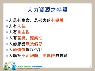 人力資源之特質 人是有生命、思考力的 有機體 人有 人性 人有 自主性 人有 差異、變異性 人的勞務 無法儲存 人的價值 難以估計 人屬於 不定報酬、高風險 的投資 