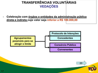 TRANSFERÊNCIAS VOLUNTÁRIAS
                        VEDAÇÕES


 -   Celebração com órgãos e entidades da administração pública
     direta e indireta cujo valor seja inferior a R$ 100.000,00



                                     Protocolo de Intenções
          Agrupamentos                   Concedentes
         possíveis para se
          atingir o limite             Consórcio Público
                                         Convenentes




                                                              20


17
 