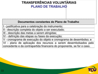 TRANSFERÊNCIAS VOLUNTÁRIAS
                   PLANO DE TRABALHO



            Documentos constantes do Plano de Trabalho
 I - justificativa para a celebração do instrumento;
 II - descrição completa do objeto a ser executado;
 III - descrição das metas a serem atingidas;
 IV - definição das etapas ou fases da execução;
 V - cronograma de execução do objeto e cronograma de desembolso; e
 VI - plano de aplicação dos recursos a serem desembolsados pelo
 concedente e da contrapartida financeira do proponente, se for o caso.




33
 