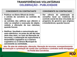 TRANSFERÊNCIAS VOLUNTÁRIAS
                     CELEBRAÇÃO - PUBLICIDADE

      CONCEDENTE OU CONTRATANTE                  CONVENENTE OU CONTRATADO
   Publicar no Diário Oficial da União:          Dar ciência da celebração ao
 - o extrato do convênio ou contrato de          conselho local ou instância de
   repasse;                                      controle social da área vinculada ao
 - os extratos dos aditivos que alterem o        programa de governo que originou
   valor ou ampliem a execução do objeto,        a transferência, quando houver.
   vedada a alteração da sua natureza,
   quando houver.

     Notificar, facultada a comunicação por
     meio eletrônico, no prazo de até dez dias
     (dois dias úteis, no caso de liberação de
     recursos), a celebração do instrumento à
     Assembléia Legislativa ou à Câmara
     Legislativa ou à Câmara Municipal do
     convenente ou contratado.
  obs: Os atos de celebração, alteração, liberação de recursos, acompanhamento
 da execução e a prestação de contas dos convênios e contratos serão divulgados
                            no Portal dos Convênios


37
 
