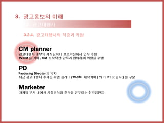 3. 광고홍보의 이해
 3-2. 광고대행사

  3-2-4. 광고대행사의 직종과 역할


CM planner
광고대행사 내부의 제작팀이나 프로덕션에서 업무 수행
TV-CM 을 기획 , CM 프로덕션 감독과 협의하며 역할을 수행


PD
Producing Director 의 약자
최근 광고대행사 추세는 씨엠 플래너 (TV-CM 제작기획 ) 와 디렉터 ( 감독 ) 를 구분


Marketer
마케팅 부서 내에서 시장분석과 전략을 연구하는 전략입안자
 