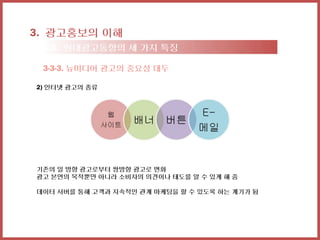 3. 광고홍보의 이해
 3-3. 현대광고동향의 세 가지 특징

 3-3-3. 뉴미디어 광고의 중요성 대두

2) 인터넷 광고의 종류




기존의 일 방향 광고로부터 쌍방향 광고로 변화
광고 본연의 목적뿐만 아니라 소비자의 의견이나 태도를 알 수 있게 해 줌

데이터 서버를 통해 고객과 지속적인 관계 마케팅을 할 수 있도록 하는 계기가 됨
 