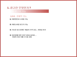 1. 광고란 무엇인가 ?
 1-3. 광고의 기능

 1-3-2. 경제적 기능
 1) 대량생산과 소비를 가능


 2) 대량소비를 광고가 가능


 3) 지나친 광고경쟁은 제품의 가격 상승 , 비방을 야기


 4) 대기업에 의한 시장 독점을 불러옴 ,
    기업의 시장 지배 구조를 강화
 