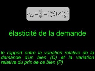 ∆Q
Q
∆P
P

e Dp = =

∆Q
∆P

P
Q

× 

élasticité de la demande
le rapport entre la variation relative de la
demande d'un bien (Q) et la variation
relative du prix de ce bien (P)

 