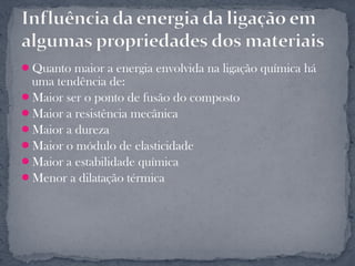 Quanto maior a energia envolvida na ligação química há
 uma tendência de:
Maior ser o ponto de fusão do composto
Maior a resistência mecânica
Maior a dureza
Maior o módulo de elasticidade
Maior a estabilidade química
Menor a dilatação térmica
 