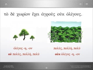 τὸ δὲ χωρίον ἔχει ἀγροὺς οὐκ ὀλίγους.




                       ὀλίγος -η, -ον        πολύς, πολλή, πολύ
           οὐ πολύς, πολλή, πολύ             οὐκ ὀλίγος -η, -ον


  CLARA ÁLVAREZ                                         Basado en el trabajo de ANA Mª OVANDO con
I.E.S. Celso Díaz, Arnedo                                el libro A Greek Boy at home, de W.H.D. Rouse
                                        22
 