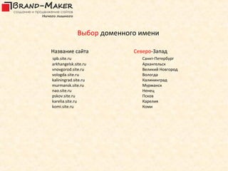 Выбор доменного имени

Название сайта              Северо-Запад
spb.site.ru                    Санкт-Петербург
arkhangelsk.site.ru            Архангельск
vnovgorod.site.ru              Великий Новгород
vologda.site.ru                Вологда
kaliningrad.site.ru            Калининград
murmansk.site.ru               Мурманск
nao.site.ru                    Ненец
pskov.site.ru                  Псков
karelia.site.ru                Карелия
komi.site.ru                   Коми
 