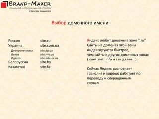 Выбор доменного имени


Россия            site.ru                Яндекс любит домены в зоне ".ru"
Украина           site.com.ua            Сайты на доменах этой зоны
 Днепропетровск   site.dp.ua             индексируются быстрее,
 Львов            site.lviv.ua           чем сайты в других доменных зонах
 Одесса           site.odessa.ua         (.com .net .info и так далее...)
Белоруссия        site.by
Казахстан         site.kz                Сейчас Яндекс распознает
                                         транслит и хорошо работает по
                                         переводу и сокращенным
                                         словам
 
