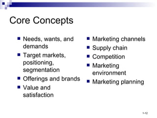 Core Concepts <ul><li>Needs, wants, and demands </li></ul><ul><li>Target markets, positioning, segmentation </li></ul><ul>...