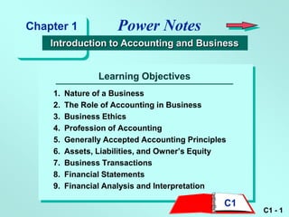Chapter 1             Power Notes
    Introduction to Accounting and Business


                 Learning Objectives
    1.   Nature of a Business
    2.   The Role of Accounting in Business
    3.   Business Ethics
    4.   Profession of Accounting
    5.   Generally Accepted Accounting Principles
    6.   Assets, Liabilities, and Owner’s Equity
    7.   Business Transactions
    8.   Financial Statements
    9.   Financial Analysis and Interpretation

                                                C1
                                                     C1 - 1
 