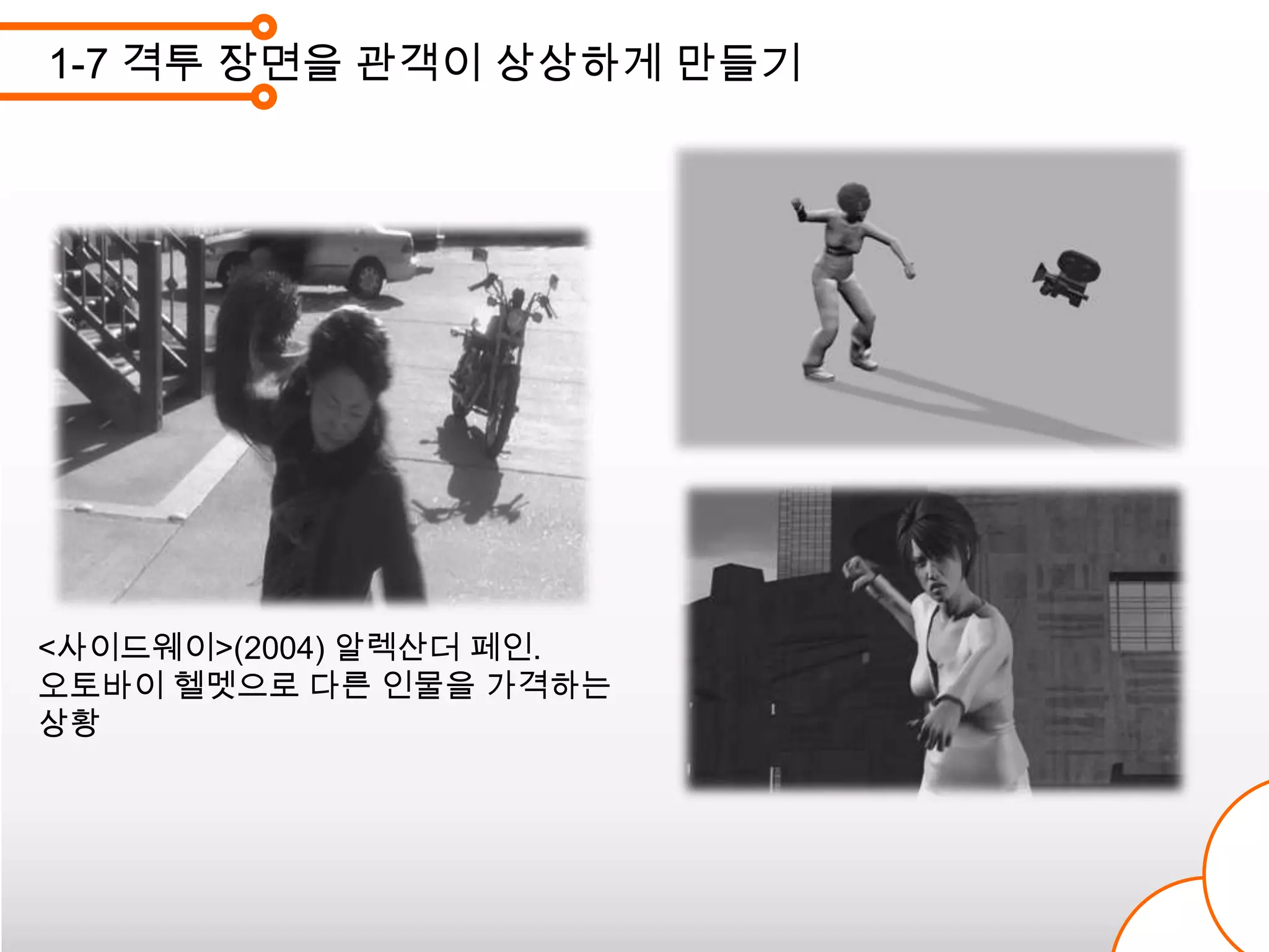 1-7 격투 장면을 관객이 상상하게 만들기




<사이드웨이>(2004) 알렉산더 페인.
오토바이 헬멧으로 다른 인물을 가격하는
상황
 