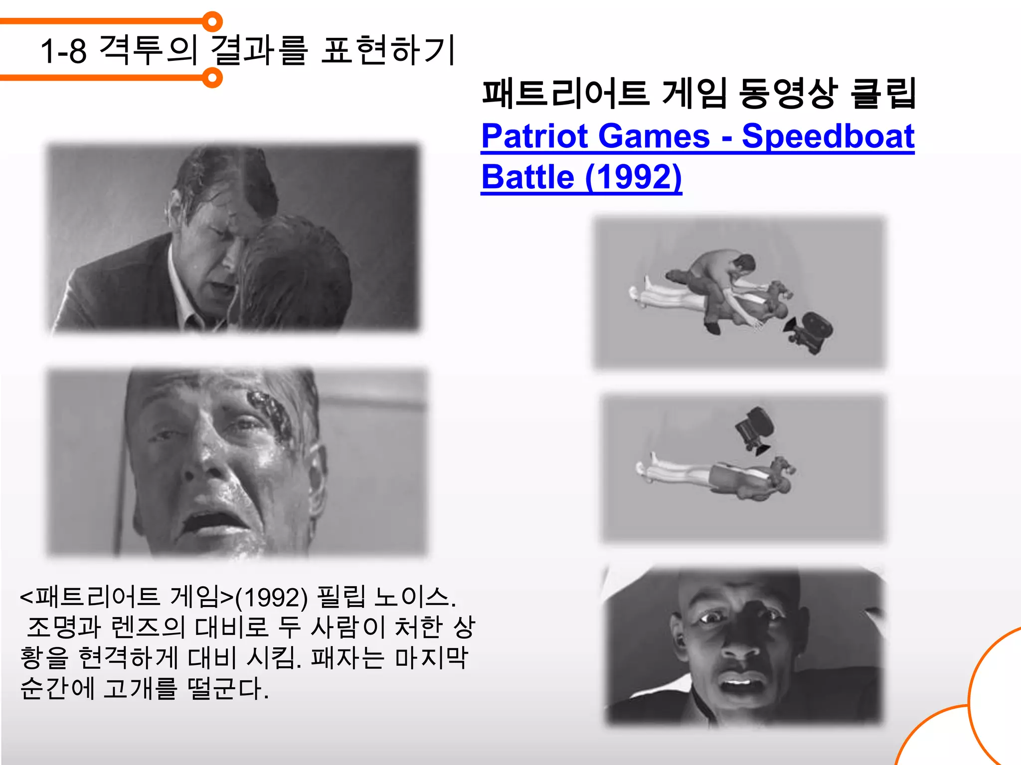 1-8 격투의 결과를 표현하기
                           패트리어트 게임 동영상 클립
                           Patriot Games - Speedboat
                           Battle (1992)




<패트리어트 게임>(1992) 필립 노이스.
조명과 렌즈의 대비로 두 사람이 처한 상
황을 현격하게 대비 시킴. 패자는 마지막
순간에 고개를 떨군다.
 