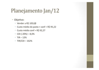 Planejamento	
  Jan/12	
  
•  ObjeWvo:	
  
   •  Vender	
  a	
  R$	
  105/@	
  
   •  Custo	
  médio	
  do	
  pasto	
  +	
  conf	
  =	
  R$	
  95,22	
  
   •  Custo	
  médio	
  conf	
  =	
  R$	
  92,27	
  
   •  CDI	
  (-­‐20%)	
  –	
  8,0%	
  
   •  TIR	
  –	
  13%	
  
   •  TIR/CDI	
  –	
  162%	
  
 