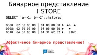 Бинарное представление
HSTORE
SELECT 'a=>1, b=>2'::hstore;
0000: 02 00 00 80 │ 01 00 00 80 ☻ А☺ А
0008: 02 00 00 00 │ 03 00 00 00 ☻ ♥
0010: 04 00 00 00 │ 61 31 62 32 ♦ a1b2
Эффективное бинарное представление!
 