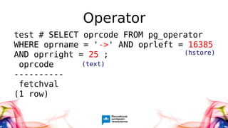 Operator
test # SELECT oprcode FROM pg_operator
WHERE oprname = '->' AND oprleft = 16385
AND oprright = 25 ;
oprcode
----------
fetchval
(1 row)
(hstore)
(text)
 
