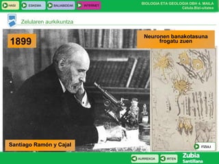 BIOLOGIA ETA GEOLOGIA DBH 4. MAILA
Célula.Bizi-uitatea
HASI ESKEMA BALIABIDEAK INTERNET
IRTENAURREKOA
Zelularen aurkikuntza
1899
Neuronen banakotasuna
frogatu zuen
Santiago Ramón y Cajal ITZULI
 