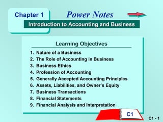 C1 - 1
Learning Objectives
1. Nature of a Business
2. The Role of Accounting in Business
3. Business Ethics
4. Profession of Accounting
5. Generally Accepted Accounting Principles
6. Assets, Liabilities, and Owner’s Equity
7. Business Transactions
8. Financial Statements
9. Financial Analysis and Interpretation
Power Notes
Introduction to Accounting and BusinessIntroduction to Accounting and Business
Chapter 1
C1
 