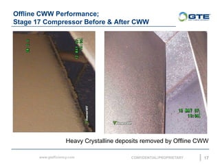 Offline CWW Performance;
Stage 17 Compressor Before & After CWW
17
Heavy Crystalline deposits removed by Offline CWW
 