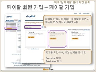 이베이/페이팔 셀러 회원 등록
23
페이팔 회원 가입 – 페이팔 가입
페이팔 가입시 가입하는 국가별로 다른 서
비스와 인증 방식을 제공합니다.
국가를 확인하고, 계정 선택을 합니다.
Premier 계정
Business 계정
 