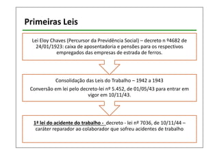 Primeiras Leis 
Lei Eloy Chaves (Percursor da Previdência Social) – decreto n º4682 de 
24/01/1923: caixa de aposentadoria e pensões para os respectivos 
empregados das empresas de estrada de ferros. 
Consolidação das Leis do Trabalho – 1942 a 1943 
Conversão em lei pelo decreto-lei nº 5.452, de 01/05/43 para entrar em 
vigor em 10/11/43. 
1ª lei do acidente do trabalho - decreto - lei nº 7036, de 10/11/44 – 
caráter reparador ao colaborador que sofreu acidentes de trabalho 
 