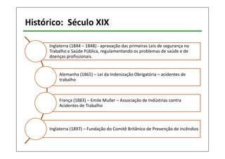 Histórico: Século XIX 
Inglaterra (1844 – 1848) - aprovação das primeiras Leis de segurança no 
Trabalho e Saúde Pública, regulamentando os problemas de saúde e de 
doenças profissionais. 
Alemanha (1865) – Lei da Indenização Obrigatória – acidentes de 
trabalho 
França (1883) – Emile Muller – Associação de Indústrias contra 
Acidentes de Trabalho 
Inglaterra (1897) – Fundação do Comitê Britânico de Prevenção de incêndios 
 