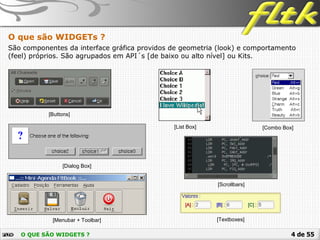 4 de 55O QUE SÃO WIDGETS ?
O que são WIDGETs ?
São componentes da interface gráfica providos de geometria (look) e comportamento
(feel) próprios. São agrupados em API´s [de baixo ou alto nível] ou Kits.
 [Buttons]
 [List Box]  [Combo Box]
 [Dialog Box]
 [Scrollbars]
 [Menubar + Toolbar]  [Textboxes]
 
