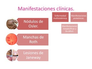 Manifestaciones clínicas.
Enfermedad
multisistémica.
Manifestaciones
proteínicas.
Manifestaciones
inespecíficas y
Dx difícil.
Nódulos de
Osler.
Manchas de
Roth
Lesiones de
Janeway
 