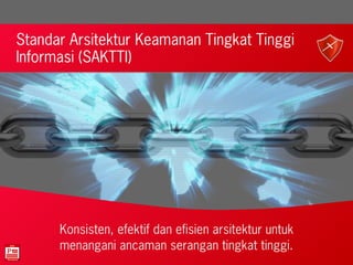 Standar Arsitektur Keamanan Tingkat Tinggi
Informasi (SAKTTI)
`
Konsisten, efektif dan efisien arsitektur untuk
menangani ancaman serangan tingkat tinggi.
 
