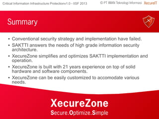 © PT IMAN Teknologi Informasi XecureITCritical Information Infrastructure Protectionv1.0 - IISF 2013
Summary
 Conventional security strategy and implementation have failed.
 SAKTTI answers the needs of high grade information security
architecture.
 XecureZone simplifies and optimizes SAKTTI implementation and
operation.
 XecureZone is built with 21 years experience on top of solid
hardware and software components.
 XecureZone can be easily customized to accomodate various
needs.
XecureZone
Secure.Optimize.Simple
 