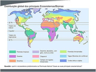 Distribuição global dos principais Ecossistemas/Biomas
Questão: qual é o ecossistema predominante na Península Ibérica? Quais as suas principais características?
 