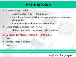 PRÉ-HISTÓRIA
Prof. Darlan CamposProf. Darlan Campos
• Hierarquização social:
- guerreiros (exército) – dominantes;
- sacerdotes (intermediários entre população e os deuses) –
dominantes;
- camponeses (trabalhadores) – dominados.
• Centralização do poder - ESTADO:
- Rei ou Imperador = sacerdote + chefe militar
C) A Idade dos Metais (4500 a.C – 2500 a.C.):
• Cobre;
• Bronze (cobre + estanho);
• Ferro.
 