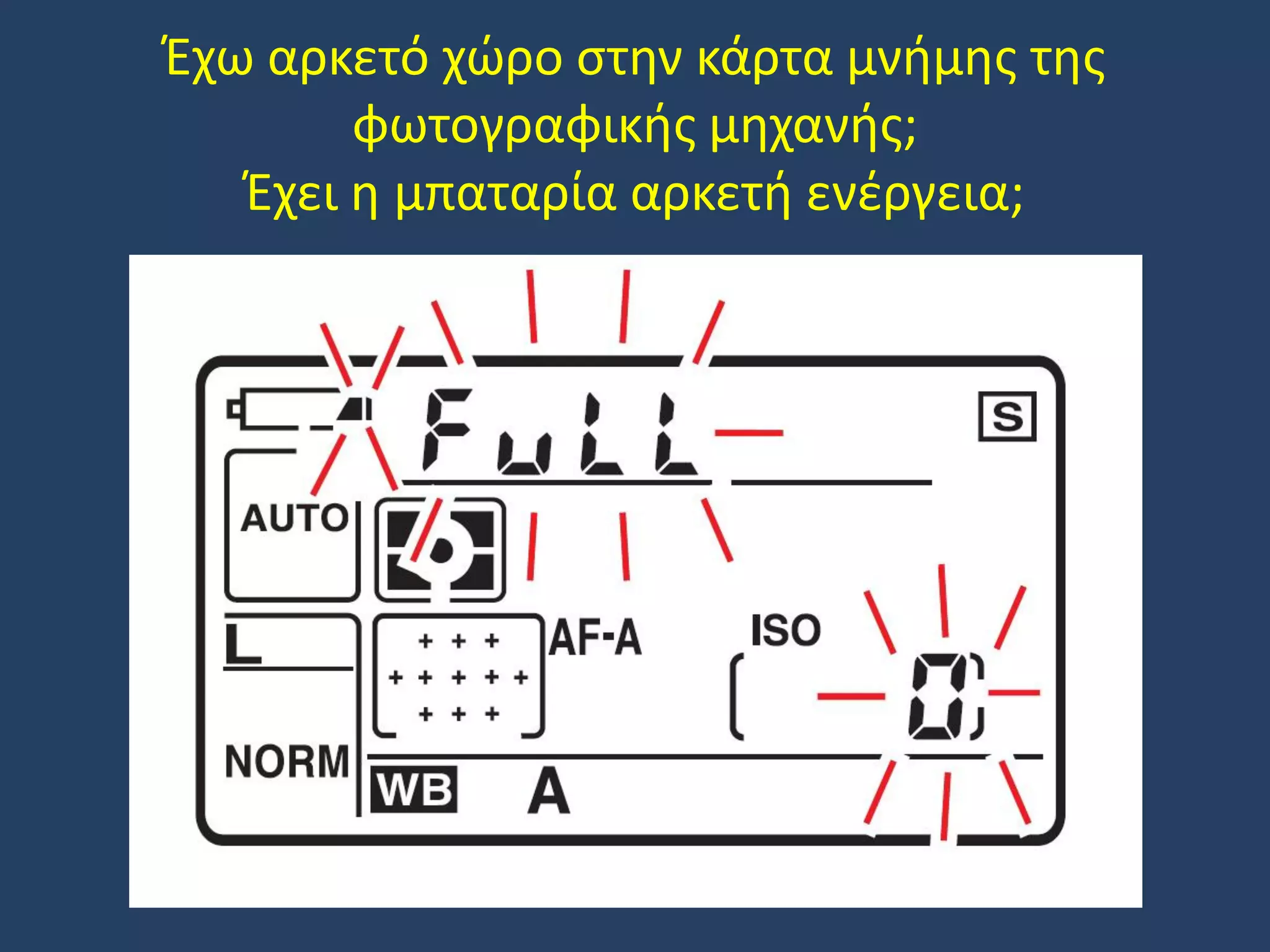 Έχω αρκετό χώρο στην κάρτα μνήμης της
φωτογραφικής μηχανής;
Έχει η μπαταρία αρκετή ενέργεια;

 