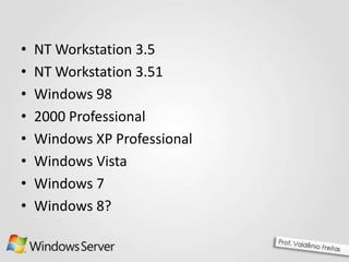 •
•
•
•
•
•
•
•
NT Workstation 3.5
NT Workstation 3.51
Windows 98
2000 Professional
Windows XP Professional
Windows Vista
Windows 7
Windows 8?