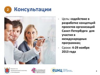 2

Консультации
•

•

Цель: содействие в
разработке концепций
проектов организаций
Санкт-Петербурга для
участия в
международных
программах;
Сроки: 4-29 ноября
2013 года

4

 