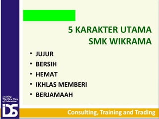 5 KARAKTER UTAMA
SMK WIKRAMA
•
•
•
•
•

JUJUR
BERSIH
HEMAT
IKHLAS MEMBERI
BERJAMAAH

 