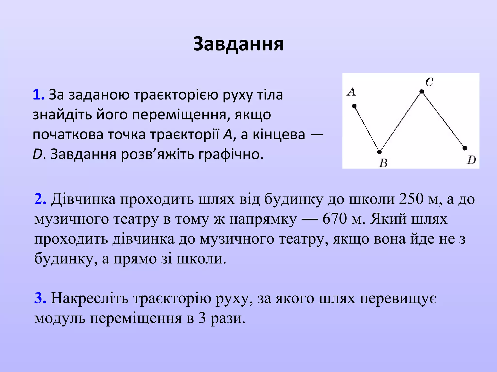 Завдання
1. За заданою траєкторією руху тіла
знайдіть його переміщення, якщо
початкова точка траєкторії А, а кінцева —
D. Завдання розв’яжіть графічно.
2. Дівчинка проходить шлях від будинку до школи 250 м, а до
музичного театру в тому ж напрямку — 670 м. Який шлях
проходить дівчинка до музичного театру, якщо вона йде не з
будинку, а прямо зі школи.
3. Накресліть траєкторію руху, за якого шлях перевищує
модуль переміщення в 3 рази.

 