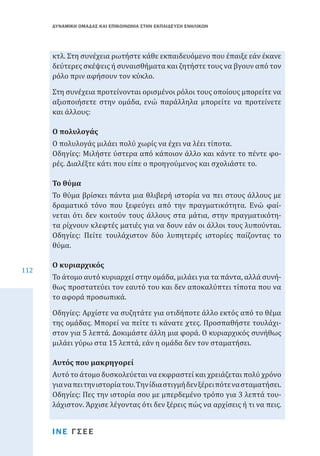 ΔΥΝΑΜΙΚΗ ΟΜΑΔΑΣ ΚΑΙ ΕΠΙΚΟΙΝΩΝΙΑ ΣΤΗΝ ΕΚΠΑΙΔΕΥΣΗ ΕΝΗΛΙΚΩΝ

κτλ. Στη συνέχεια ρωτήστε κάθε εκπαιδευόμενο που έπαιξε εάν έκανε
δεύτερες σκέψεις ή συναισθήματα και ζητήστε τους να βγουν από τον
ρόλο πριν αφήσουν τον κύκλο.

Στη συνέχεια προτείνονται ορισμένοι ρόλοι τους οποίους μπορείτε να
αξιοποιήσετε στην ομάδα, ενώ παράλληλα μπορείτε να προτείνετε
και άλλους:
Ο πολυλογάς μιλάει πολύ χωρίς να έχει να λέει τίποτα.	
Οδηγίες: Μιλήστε ύστερα από κάποιον άλλο και κάντε το πέντε φορές. Διαλέξτε κάτι που είπε ο προηγούμενος και σχολιάστε το.
Ο πολυλογάς

Το θύμα βρίσκει πάντα μια θλιβερή ιστορία να πει στους άλλους με
δραματικό τόνο που ξεφεύγει από την πραγματικότητα. Ενώ φαίνεται ότι δεν κοιτούν τους άλλους στα μάτια, στην πραγματικότητα ρίχνουν κλεφτές ματιές για να δουν εάν οι άλλοι τους λυπούνται.
Οδηγίες: Πείτε τουλάχιστον δύο λυπητερές ιστορίες παίζοντας το
θύμα.
Το θύμα

112

Το άτομο αυτό κυριαρχεί στην ομάδα, μιλάει για τα πάντα, αλλά συνήθως προστατεύει τον εαυτό του και δεν αποκαλύπτει τίποτα που να
το αφορά προσωπικά.
Ο κυριαρχικός

Οδηγίες: Αρχίστε να συζητάτε για οτιδήποτε άλλο εκτός από το θέμα
της ομάδας. Μπορεί να πείτε τι κάνατε χτες. Προσπαθήστε τουλάχιστον για 5 λεπτά. Δοκιμάστε άλλη μια φορά. Ο κυριαρχικός συνήθως
μιλάει γύρω στα 15 λεπτά, εάν η ομάδα δεν τον σταματήσει.

Αυτό το άτομο δυσκολεύεται να εκφραστεί και χρειάζεται πολύ χρόνο
για να πει την ιστορία του. Την ίδια στιγμή δεν ξέρει πότε να σταματήσει.
Οδηγίες: Πες την ιστορία σου με μπερδεμένο τρόπο για 3 λεπτά τουλάχιστον. Άρχισε λέγοντας ότι δεν ξέρεις πώς να αρχίσεις ή τι να πεις.
Αυτός που μακρηγορεί

ΙΝΕ ΓΣΕΕ

 