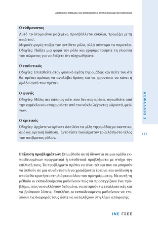 ΔΥΝΑΜΙΚΗ ΟΜΑΔΑΣ ΚΑΙ ΕΠΙΚΟΙΝΩΝΙΑ ΣΤΗΝ ΕΚΠΑΙΔΕΥΣΗ ΕΝΗΛΙΚΩΝ

Αυτό το άτομο είναι μαζεμένο, προσβάλλεται εύκολα, ‘τρομάζει με τη
σκιά του’.
Μερικές φορές παίζει τον αντίθετο ρόλο, αλλά σύντομα τα παρατάει.
Οδηγίες: Παίξτε μια φορά τον ρόλο και χρησιμοποιήστε τη γλώσσα
του σώματος για να δείξετε ότι πληγωθήκατε.
Ο εύθραυστος

Οδηγίες: Επιτεθείτε στον φυσικό ηγέτη της ομάδας και πείτε του ότι
θα πρέπει αμέσως να αναλάβει δράση και να φροντίσει να κάνει η
ομάδα αυτό που πρέπει.
Ο επιθετικός

Οδηγίες: Αρχίστε να κρίνετε όσα λένε τα μέλη της ομάδας με σκεπτικισμό και κριτική διάθεση. Εντοπίστε τουλάχιστον τρία λάθη στο τέλος
του παιξίματος ρόλων.
Ο κριτικός

Επίλυση προβλημάτων: Στη μέθοδο αυτή δίνονται σε μια ομάδα εκπαιδευομένων πραγματικά ή υποθετικά προβλήματα με στόχο την
επίλυσή τους. Τα προβλήματα πρέπει να είναι τέτοια που να μπορούν
να λυθούν σε μια συνάντηση ή να χρειάζονται έρευνα και ανάλυση η
οποία θα κρατήσει στη διάρκεια όλου του προγράμματος. Με αυτή τη
μέθοδο οι εκπαιδευόμενοι μαθαίνουν πώς να προσεγγίζουν ένα πρόβλημα, πώς να συλλέγουν δεδομένα, να εκτιμούν τις εναλλακτικές και
να βρίσκουν λύσεις. Επιπλέον, οι εκπαιδευόμενοι μαθαίνουν να επιλύουν τις διαφορές τους ώστε να καταλήξουν στη λήψη απόφασης.
ΙΝΕ ΓΣΕΕ

ΚΕΦΑΛΑΙΟ 3

Οδηγίες: Μόλις πει κάποιος κάτι που δεν σας αρέσει, σηκωθείτε από
την καρέκλα και αποχωρείστε από τον κύκλο λέγοντας «Αρκετά, φεύγω».
Ο φυγάς

113

 