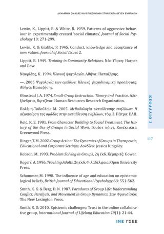 ΔΥΝΑΜΙΚΗ ΟΜΑΔΑΣ ΚΑΙ ΕΠΙΚΟΙΝΩΝΙΑ ΣΤΗΝ ΕΚΠΑΙΔΕΥΣΗ ΕΝΗΛΙΚΩΝ

Lewin, K., Lippitt, R. & White, R. 1939. Patterns of aggressive behaviour in experimentally created ‘social climates’, Journal of Social Psychology 10: 271-299.

Lewin, K. & Grabbe, P. 1945. Conduct, knowledge and acceptance of
new values, Journal of Social Issues 2.
Lippitt, R. 1949. Training in Community Relations. Νέα Υόρκη: Harper
and Row.
Ναυρίδης, Κ. 1994. Κλινική ψυχολογία. Αθήνα: Παπαζήσης.

Olmstead J. A. 1974. Small-Group Instruction: Theory and Practice. ����
Αλεξάνδρεια, Βιρτζίνια: Human Resources Research Organization.

Πολέμη-Τοδούλου, Μ. 2005. Μεθοδολογία εκπαίδευσης ενηλίκων: Η
αξιοποίηση της ομάδας στην εκπαίδευση ενηλίκων, τόμ. 3. Πάτρα: ΕΑΠ.

Reid, K. E. 1981. From Character Building to Social Treatment. The History of the Use of Groups in Social Work. Γουέστ πόιντ, Κονέκτικατ:
Greenwood Press.
Ringer, T. M. 2002. Group Action: The Dynamics of Groups in Therapeutic,
Educational and Corporate Settings. Λονδίνο: Jessica Kingsley.
Robson, M. 1993. Problem Solving in Groups, 2η έκδ. Κέμπριτζ: Gower.

Rogers, A. 1996. Teaching Adults, 2η έκδ. Φιλαδέλφεια: Open University
Press.

Schommer, M. 1998. The influence of age and education on epistemological beliefs, British Journal of Educational Psychology 68: 551-562.

Smith, K. K. & Berg, D. N. 1987. Paradoxes of Group Life: Understanding
Conflict, Paralysis, and Movement in Group Dynamics. Σαν Φρανσίσκο:
The New Lexington Press.
Smith, R. O. 2010. Epistemic challenges: Trust in the online collaborative group, International Journal of Lifelong Education 29(1): 21-44.

ΙΝΕ ΓΣΕΕ

ΚΕΦΑΛΑΙΟ 3

—. 2005 Ψυχολογία των ομάδων: Κλινική ψυχοδυναμική προσέγγιση.
Αθήνα: Παπαζήσης.

117

 