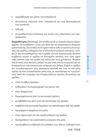 ΔΥΝΑΜΙΚΗ ΟΜΑΔΑΣ ΚΑΙ ΕΠΙΚΟΙΝΩΝΙΑ ΣΤΗΝ ΕΚΠΑΙΔΕΥΣΗ ΕΝΗΛΙΚΩΝ

•	 αμφισβήτηση του ρόλου του εκπαιδευτή

•	 αντιστάσεις απέναντι στον εκπαιδευτή και στη διεκπεραίωση
των εργασιών
•	 πόλωση

•	 συναισθηματική αντίσταση των μελών στις απαιτήσεις του προγράμματος

•	 είναι συνήθως άγραφοι

•	 καθορίζουν τη συμπεριφορά των μελών της
•	 είναι διαχρονικοί

•	 διαμορφώνονται από τις κοινωνικές σχέσεις

•	 μεταβιβάζονται μέσα από την κουλτούρα της ομάδας

•	 επιβάλλονται κοινωνικά διαμέσου του αποκλεισμού από την ομάδα
•	 προσφέρουν ασφάλεια στα μέλη

•	 είναι σημαντικοί για την ομαλή ρύθμιση της ομάδας
•	 διασφαλίζουν την εμπιστοσύνη ανάμεσα στα μέλη

•	 περιλαμβάνουν σεβασμό στις απόψεις των άλλων, σεβασμό στον

ΙΝΕ ΓΣΕΕ

ΚΕΦΑΛΑΙΟ 1

Νορμοθέτηση (Norming): Στο στάδιο αυτό οι εκπαιδευόμενοι έχουν
αρχίσει να συνηθίζουν ο ένας τον άλλο και να αναπτύσσουν δεσμούς
εμπιστοσύνης. Στο στάδιο αυτό έχουν πλέον τεθεί οι κανόνες λειτουργίας της ομάδας, ενθαρρύνεται η ανοικτή ανταλλαγή εμπειριών, απόψεων και συναισθημάτων και η ομάδα γίνεται παραγωγική. Ωστόσο
συμβαίνει συχνά οι ομάδες να διατηρούν κανόνες που τους είχαν
τεθεί κάποτε από την ομάδα και πλέον δεν τους χρειάζεται. Μερικοί
από αυτούς τους κανόνες μπορεί να μην είναι πια λειτουργικοί και να
δυσχεραίνουν την επικοινωνία ανάμεσα στα άτομα. Συχνά οι ομάδες
δεν συνειδητοποιούν τους άγραφους κανόνες και έτσι τα νέα μέλη
πρέπει να τους ανακαλύψουν μόνα τους, με αποτέλεσμα να ‘τιμωρούνται’ γιατί δεν γνώριζαν την ύπαρξη κάποιου κανόνα. Οι κανόνες της
ομάδας:

21

 
