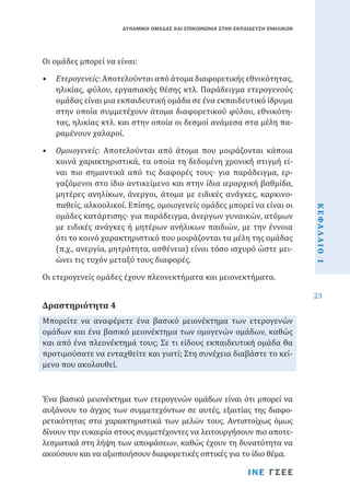 ΔΥΝΑΜΙΚΗ ΟΜΑΔΑΣ ΚΑΙ ΕΠΙΚΟΙΝΩΝΙΑ ΣΤΗΝ ΕΚΠΑΙΔΕΥΣΗ ΕΝΗΛΙΚΩΝ

Οι ομάδες μπορεί να είναι:

•	 Ετερογενείς: Αποτελούνται από άτομα διαφορετικής εθνικότητας,
ηλικίας, φύλου, εργασιακής θέσης κτλ. Παράδειγμα ετερογενούς
ομάδας είναι μια εκπαιδευτική ομάδα σε ένα εκπαιδευτικό ίδρυμα
στην οποία συμμετέχουν άτομα διαφορετικού φύλου, εθνικότητας, ηλικίας κτλ. και στην οποία οι δεσμοί ανάμεσα στα μέλη παραμένουν χαλαροί.

Οι ετερογενείς ομάδες έχουν πλεονεκτήματα και μειονεκτήματα.

Μπορείτε να αναφέρετε ένα βασικό μειονέκτημα των ετερογενών
ομάδων και ένα βασικό μειονέκτημα των ομογενών ομάδων, καθώς
και από ένα πλεονέκτημά τους; Σε τι είδους εκπαιδευτική ομάδα θα
προτιμούσατε να ενταχθείτε και γιατί; Στη συνέχεια διαβάστε το κείμενο που ακολουθεί.

Δραστηριότητα 4

Ένα βασικό μειονέκτημα των ετερογενών ομάδων είναι ότι μπορεί να
αυξάνουν το άγχος των συμμετεχόντων σε αυτές, εξαιτίας της διαφορετικότητας στα χαρακτηριστικά των μελών τους. Αντιστοίχως όμως
δίνουν την ευκαιρία στους συμμετέχοντες να λειτουργήσουν πιο αποτελεσματικά στη λήψη των αποφάσεων, καθώς έχουν τη δυνατότητα να
ακούσουν και να αξιοποιήσουν διαφορετικές οπτικές για το ίδιο θέμα.
ΙΝΕ ΓΣΕΕ

ΚΕΦΑΛΑΙΟ 1

•	 Ομοιογενείς: Αποτελούνται από άτομα που μοιράζονται κάποια
κοινά χαρακτηριστικά, τα οποία τη δεδομένη χρονική στιγμή είναι πιο σημαντικά από τις διαφορές τους· για παράδειγμα, εργαζόμενοι στο ίδιο αντικείμενο και στην ίδια ιεραρχική βαθμίδα,
μητέρες ανηλίκων, άνεργοι, άτομα με ειδικές ανάγκες, καρκινοπαθείς, αλκοολικοί. Επίσης, ομοιογενείς ομάδες μπορεί να είναι οι
ομάδες κατάρτισης· για παράδειγμα, άνεργων γυναικών, ατόμων
με ειδικές ανάγκες ή μητέρων ανήλικων παιδιών, με την έννοια
ότι το κοινό χαρακτηριστικό που μοιράζονται τα μέλη της ομάδας
(π.χ., ανεργία, μητρότητα, ασθένεια) είναι τόσο ισχυρό ώστε μειώνει τις τυχόν μεταξύ τους διαφορές.

23

 