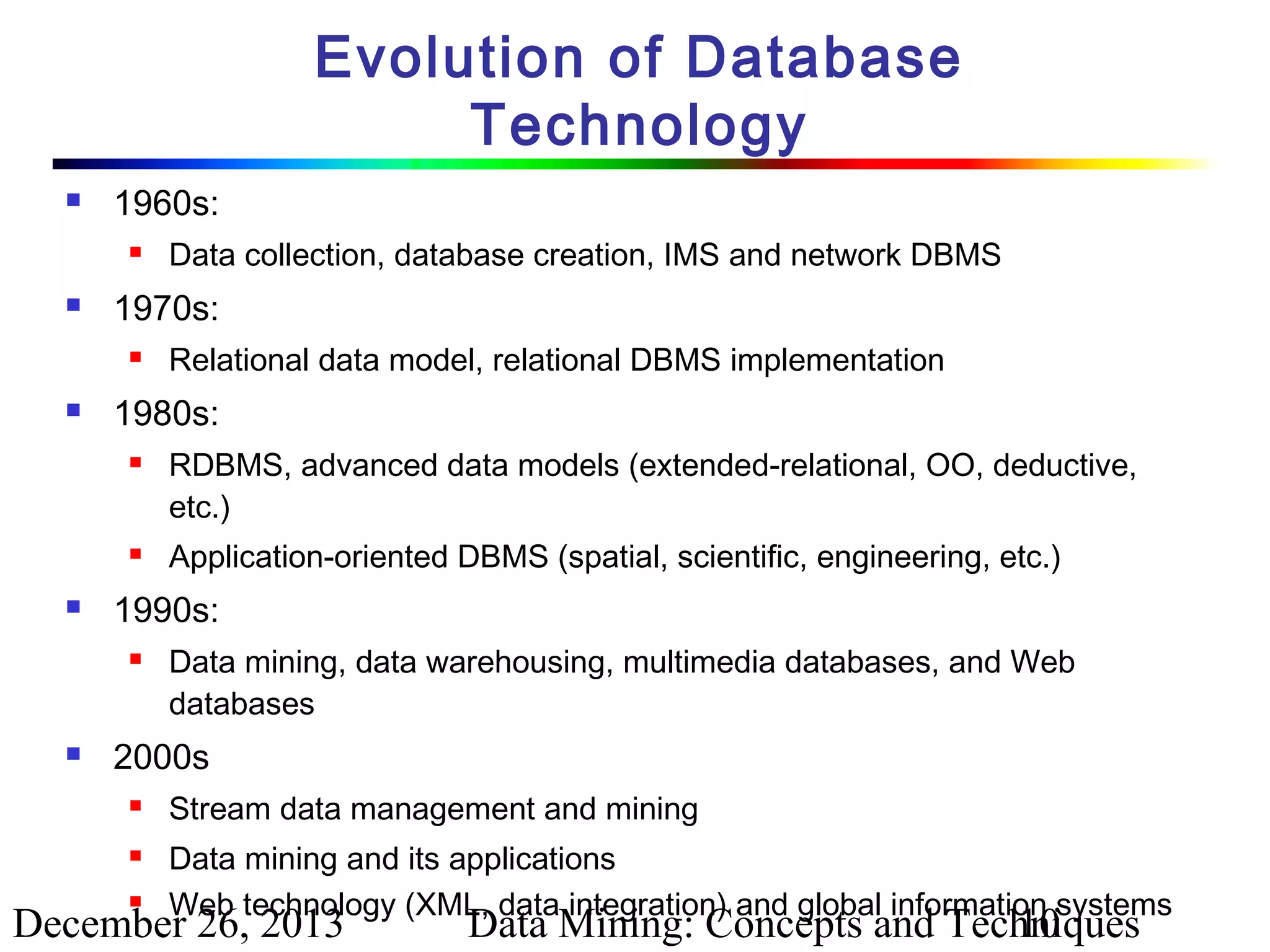 Evolution of Database
Technology


1960s:




1970s:






RDBMS, advanced data models (extended-relational, OO, deductive,
etc.)
Application-oriented DBMS (spatial, scientific, engineering, etc.)

1990s:




Relational data model, relational DBMS implementation

1980s:




Data collection, database creation, IMS and network DBMS

Data mining, data warehousing, multimedia databases, and Web
databases

2000s




Stream data management and mining
Data mining and its applications
Web technology (XML, data integration) and global information systems

December 26, 2013

Data Mining: Concepts and Techniques
10

 