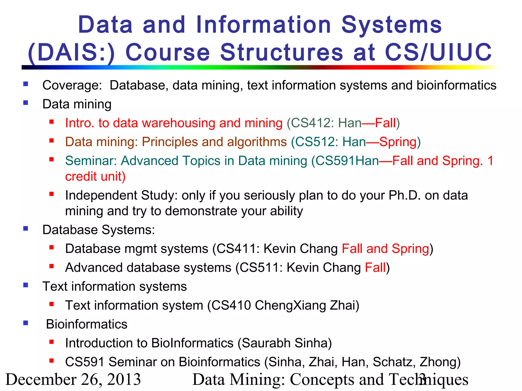 Data and Information Systems
(DAIS:) Course Structures at CS/UIUC









Coverage: Database, data mining, text information systems and bioinformatics
Data mining

Intro. to data warehousing and mining (CS412: Han—Fall)

Data mining: Principles and algorithms (CS512: Han—Spring)

Seminar: Advanced Topics in Data mining (CS591Han—Fall and Spring. 1
credit unit)

Independent Study: only if you seriously plan to do your Ph.D. on data
mining and try to demonstrate your ability
Database Systems:

Database mgmt systems (CS411: Kevin Chang Fall and Spring)

Advanced database systems (CS511: Kevin Chang Fall)
Text information systems

Text information system (CS410 ChengXiang Zhai)
Bioinformatics

Introduction to BioInformatics (Saurabh Sinha)

CS591 Seminar on Bioinformatics (Sinha, Zhai, Han, Schatz, Zhong)

December 26, 2013

Data Mining: Concepts and Techniques
3

 