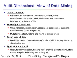 Multi-Dimensional View of Data Mining


Data to be mined




Knowledge to be mined






Characterization, discrimination, association, classification, clustering,
trend/deviation, outlier analysis, etc.
Multiple/integrated functions and mining at multiple levels

Techniques utilized




Relational, data warehouse, transactional, stream, objectoriented/relational, active, spatial, time-series, text, multi-media,
heterogeneous, legacy, WWW

Database-oriented, data warehouse (OLAP), machine learning, statistics,
visualization, etc.

Applications adapted


Retail, telecommunication, banking, fraud analysis, bio-data mining, stock
market analysis, text mining, Web mining, etc.

December 26, 2013

Data Mining: Concepts and Techniques
16

 